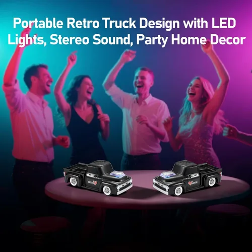 Miniatura 4 de Altavoz Bluetooth retro para camión, diseño de automóvil vintage, sonido estéreo inalámbrico portátil, emparejamiento TWS, luces LED de fiesta