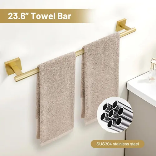 Miniatura 2 de TURS Juego de 5 piezas de accesorios de baño de oro cepillado de 23.6 pulgadas, juego de toallero de acero inoxidable SUS304 montado en la pared