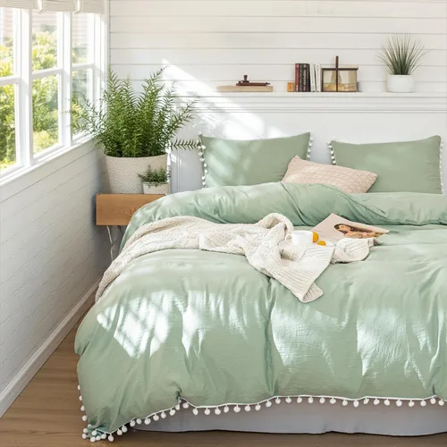 Miniatura 13 de Bedbay Juego de edredón bohemio color beige, edredón con pompones, decoración de habitación estética, bonito juego de ropa de cama con flecos