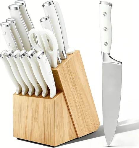 Juego de cuchillos, 15 piezas de cocina de acero inoxidable de alto carbono de alta calidad con bloque de cuchillos, mango forjado ergonómico triple