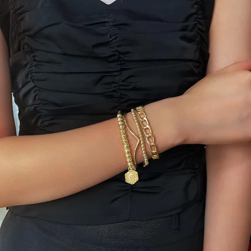 Miniatura 3 de Elegance 11 designs Pulsera de cuentas apilable chapada en oro de 14 quilates, pulseras elásticas gruesas para mujer, regalo con colgante hexagonal