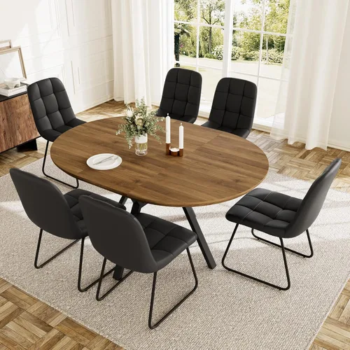 Miniatura 10 de HIPIHOM Juego de mesa de comedor redonda extensible para 6 personas, mesa de cocina extensible de 43.3 a 59.1 pulgadas con 6 sillas tapizadas, Mesa