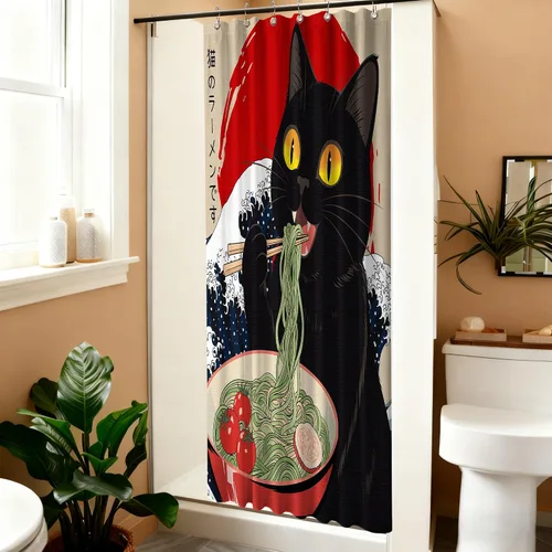 Miniatura 2 de Cortina de ducha estrecha con diseño de gato negro y animé japonés para casa rodante, juegos de decoración de baño, tela impermeable con ganchos, 36