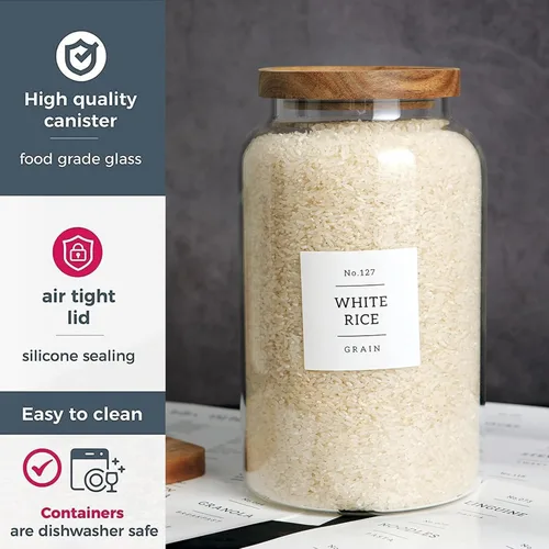 Miniatura 4 de CZHQSMZ Juego de 2 tarros grandes de vidrio con tapa hermética de acacia y 132 etiquetas para cocina y despensa, tarros de vidrio transparente