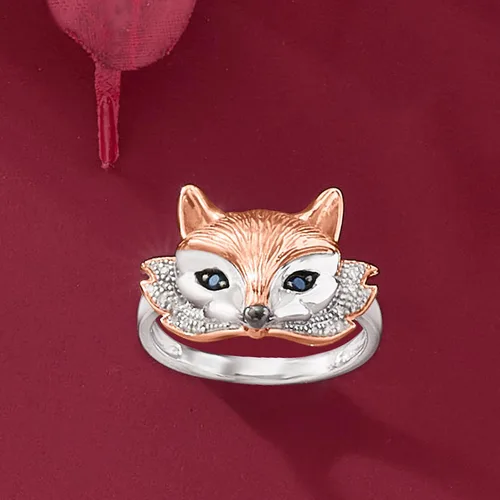 Miniatura 5 de Ross-Simons Two-Tone Sterling Silver Fox Ring With Sapphire and Diamond Accents