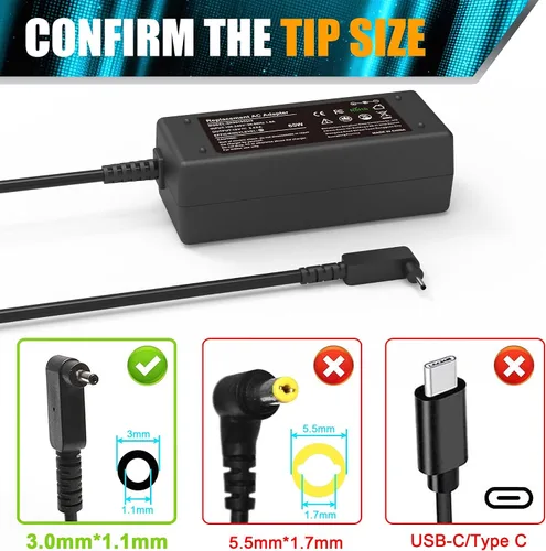 Miniatura 2 de Adaptador de CA de 19V 3.42A 65W Cargador para portátil Acer Chromebook 11 13 14 15 R11 CB3 CB5 C740 C720 C720p C738T C731 CB3-532 CB3-131 CB3-531