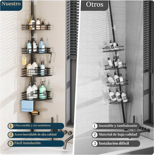 Miniatura 2 de Consumest Organizador de Ducha Esquinero con Soporte de Tensión - Estantes de Ducha a Prueba de Óxido con Barra para Toallas y Jabón, Organizador