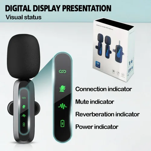 Miniatura 9 de Mini micrófono, 3 en 1 micrófonos de solapa inalámbricos para iPhone/iPad/Android/cámara (Lightning/USB/conector de 3.5 mm), 2 pantallas LED