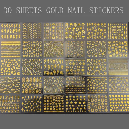 Miniatura 7 de 30 hojas de calcomanías de arte de uñas doradas, autoadhesivas 3D, calcomanías de diseño de uñas, gotas de agua, línea de flores, estrellas