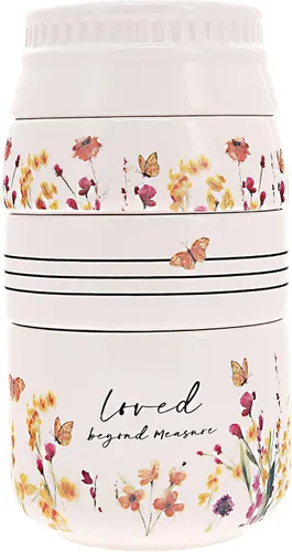 Pavilion Gift Company - Loved Beyond Measure - Taza medidora de cerámica apilable de 6 pulgadas - ¼, ⅓, ½, 1 taza, rústica, antigua, diseño de