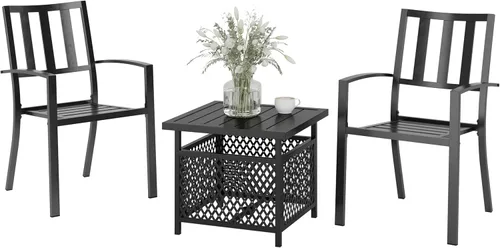 Miniatura 15 de PHI VILLA Juego de comedor de 3 piezas para patio al aire libre, mesa redonda de metal con listones y 2 sillas de patio, juego de muebles de Negro