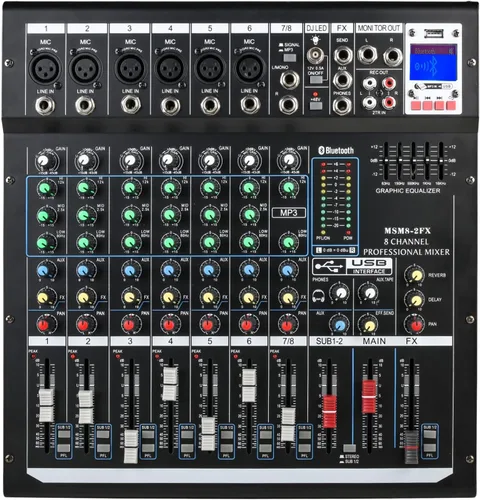 Mezcladores DJ jindaaudio Consola de Mezcla de Audio de 8 Canales con Bluetooth, Interfaz de Audio USB con Alimentación Fantasma de 48V, Mesa de