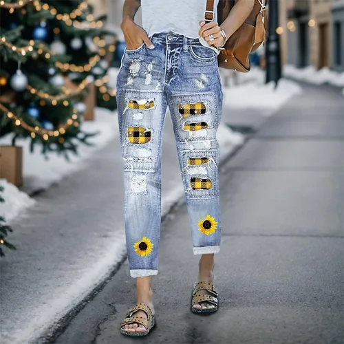Miniatura 2 de LOAIHA Ripped Jeans for Women Boyfriend Distressed Patchwork Print Baggy Denim Jeans Pants with Hole