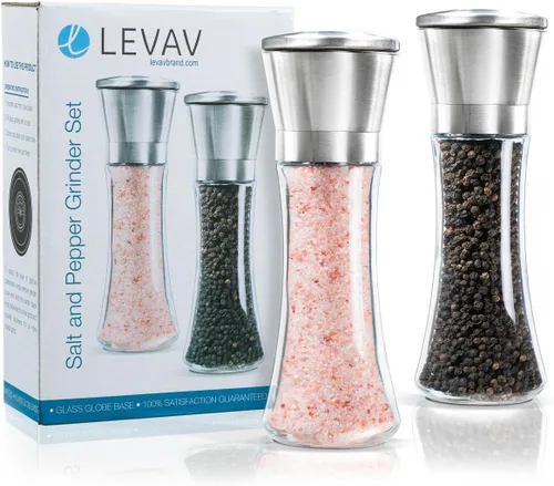 Miniatura 6 de Levav Set de 2 molinillos de sal y pimienta de acero inoxidable pulido premium, salero y pimentero de vidrio de 6 onzas y rotor de cerámica