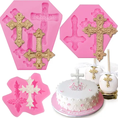 3 moldes cruzados de silicona, moldes cruzados de silicona para pastel de chocolate, fondant, caramelo, arcilla, magdalena, vela, bautizo