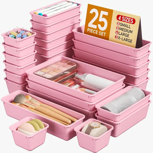 KEMETHY Juego de 25 organizadores de cajones de plástico, 4 tamaños, organizador de tocador, bandejas organizadoras de cajones de maquillaje y Rosa
