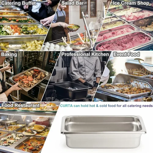Miniatura 7 de CURTA Paquete de 6 sartenes de hotel antiatascos, tamaño 1/4 de 2 1/2 pulgadas de profundidad, bandeja de acero inoxidable 18/8 comercial NSF