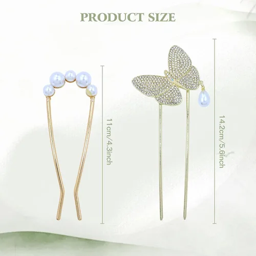 Miniatura 2 de Lawie Paquete de 10 horquillas de metal dorado en forma de U, con forma de mariposa, palillos curvados para palos de pelo con colgantes, horquillas