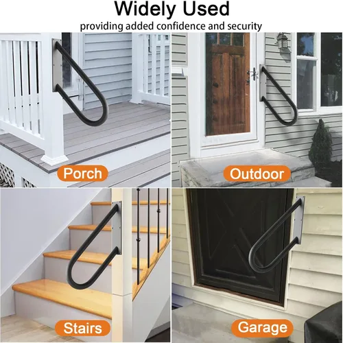 Miniatura 5 de Pasamanos de escalera en forma de U de 18 pulgadas para 1-2 escalones, barandillas de escalera negras para interiores o exteriores, barandillas