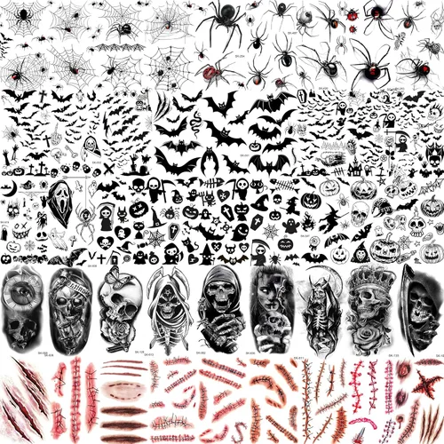 TASROI Más de 236 piezas de 45 hojas de tatuajes temporales de Halloween para niños, kits de maquillaje zombi 3D, murciélagos, telaraña, bruja,