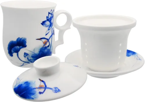Miniatura 4 de Taza de té de porcelana con tapa de infusor y juegos de platillos – Taza de café de cerámica china Jingdezhen Taza de té de hoja suelta Sistema