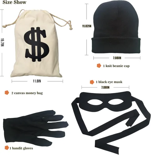 Miniatura 2 de Juego de disfraz de ladrón, incluye máscara de ladrón, bolsa de dinero, guantes de sombrero de punto para jugar a policías y ladrones, disfraz