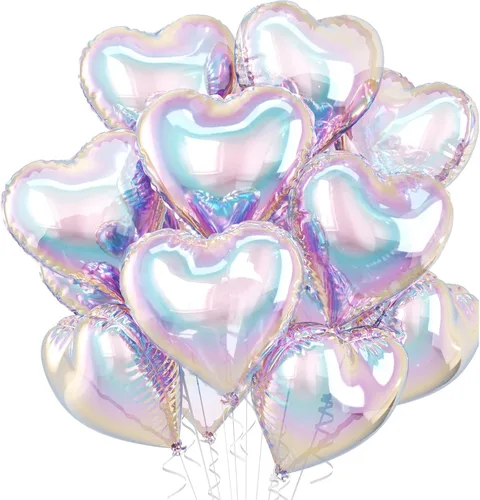 Miniatura 21 de Globos de corazón azul bebé, 10 piezas de globos en forma de corazón azul claro y blanco pastel, globos de papel de aluminio blanco arena crema
