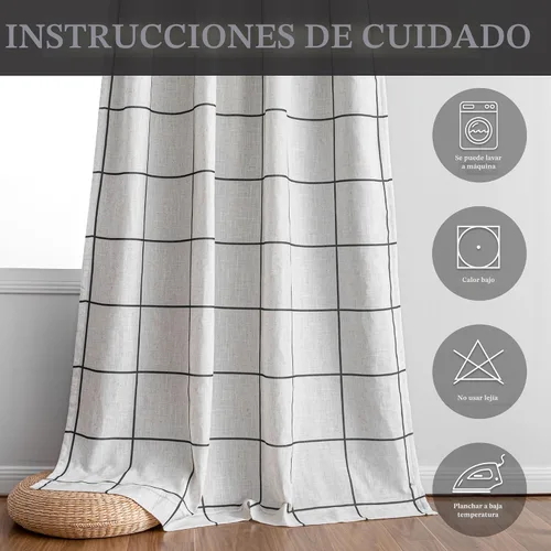 Miniatura 7 de MYSKY HOME Cortinas de Lino a Cuadros 100% Opacas de 45 Pulgadas de Largo de Doble Capa Estilo Granja con Aislamiento Térmico Estampado a Cuadros