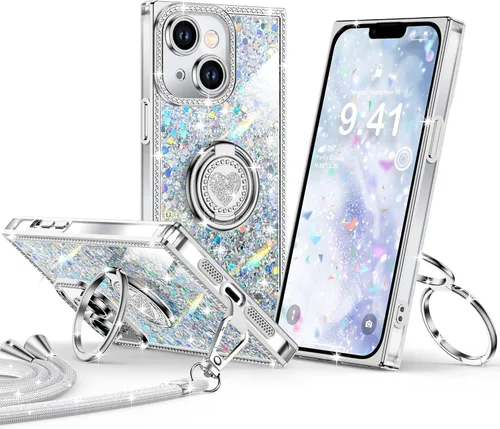 Miniatura 48 de XYZ Funda para iPhone 13, con purpurina brillante con soporte de corazón de 2 anillos y cordón, funda protectora a prueba de golpes con diamantes