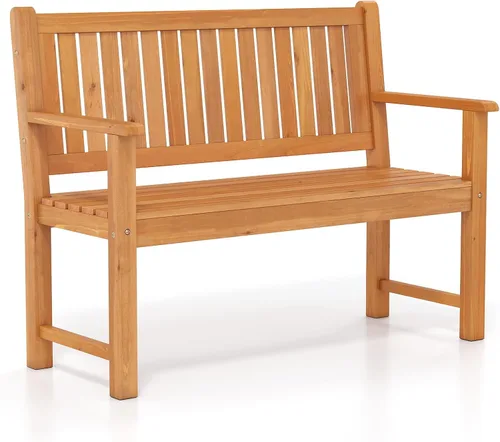 Miniatura 12 de Tangkula Banco de madera para exteriores de 2 plazas, banco de sofá biplaza de jardín con respaldo, reposabrazos, asiento de listones, carga