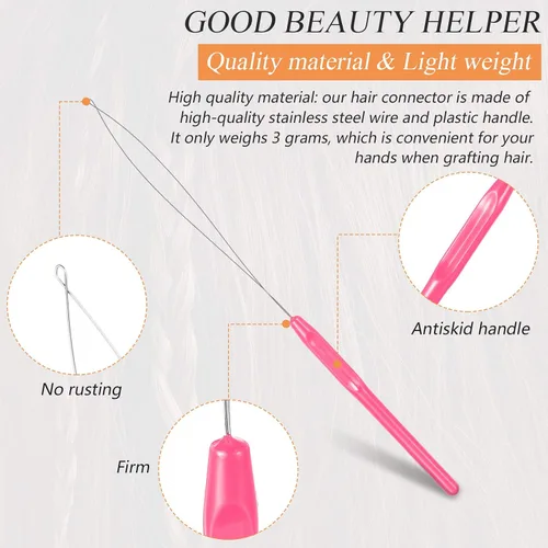 Miniatura 2 de Chuangdi 20 piezas de extensión de cabello, enhebrador de aguja para tirar de aguja, dispositivo de cuentas para suministros de extensiones de Rosa