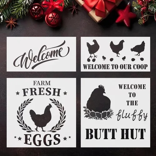 4 plantillas de granja de gallina y pollo, plantillas de huevos frescos de granja, plantillas rústicas reutilizables, plantillas de bricolaje para