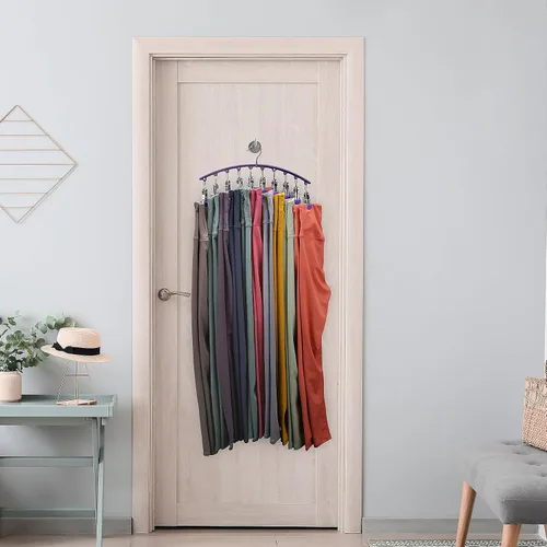 Miniatura 7 de Organizador de leggings para armario, colgador de metal para pantalones de yoga con revestimiento de goma, paquete de 2 con 10 clips para 20 Morado
