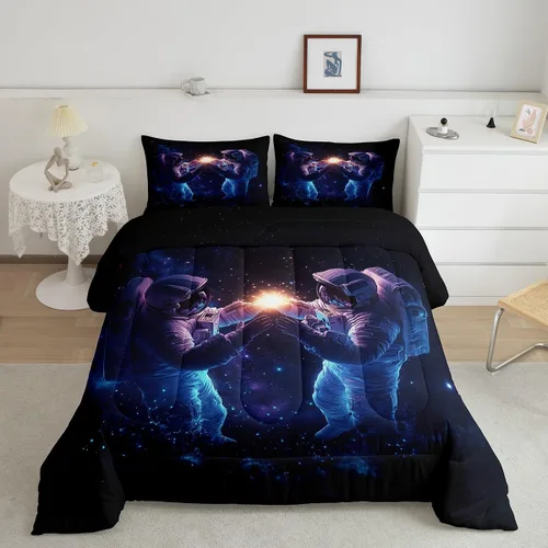 Miniatura 12 de Manfei Juego de edredón de astronauta de dibujos animados, tamaño individual, juego de ropa de cama colorido de cielo estrellado galaxia para niños