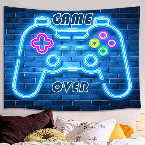 Miniatura 3 de MERCHR Tapiz de juego de neón, tapiz azul fresco con luz negra para colgar en la pared para hombres y niños, sala de videojuegos, retro de los años