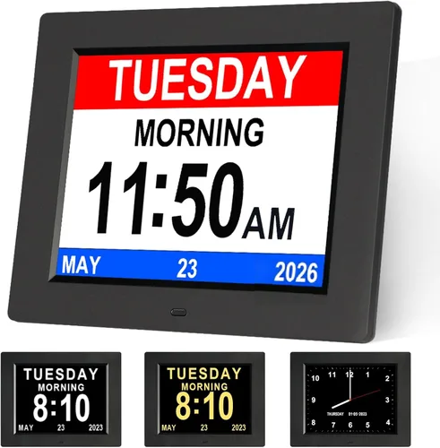 Miniatura 2 de KASTISS Reloj despertador con calendario digital de 8 pulgadas, reloj digital grande fácil de leer, personas con problemas de visión, 12 alarmas
