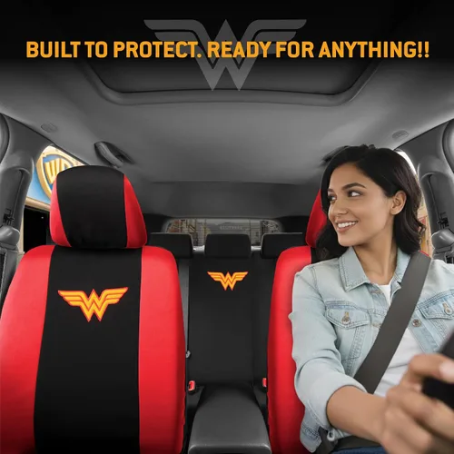 Miniatura 2 de BDK Wonder Woman - Juego completo de 9 piezas para asientos de automóvil, protectores de asiento de poliéster, color negro y rojo