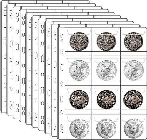 Ettonsun 10 hojas de bolsillo para monedas, tamaño estándar, 9 agujeros, 120 bolsillos para la mayoría de tamaños Página de billetes de banco de 3