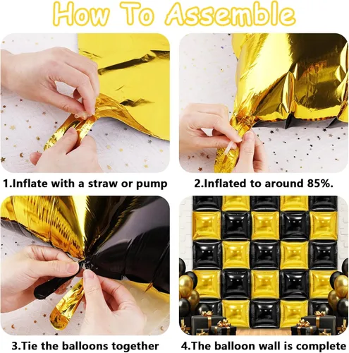 Miniatura 3 de MEMOVAN Globos cuadrados de papel de aluminio negro y dorado, telón de fondo de pared de doble cara, globos metálicos negros y dorados, guirnalda