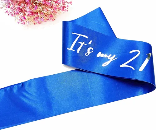 Miniatura 6 de Banda de cumpleaños número 21, bandas suaves de satén azul con letras plateadas, decoraciones de cumpleaños para niñas o niños, suministros de 21