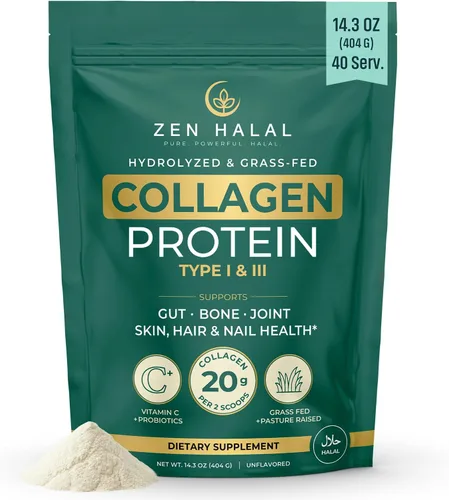 Polvo de colágeno con vitamina C y probiótico (18g de proteína) Péptidos de colágeno halal puro de pasto para mujeres - Sin sabor e hidrolizado de
