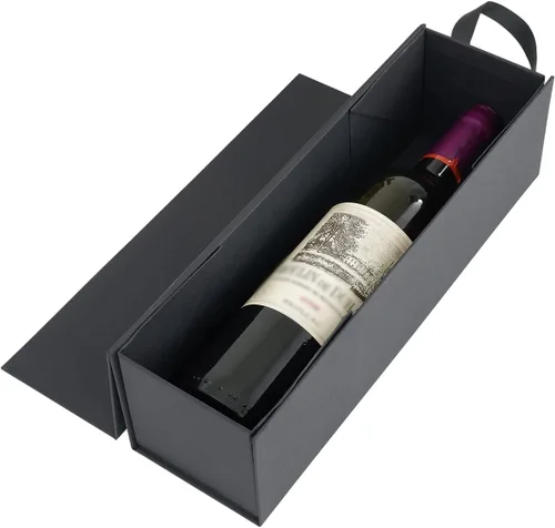 RYDDOY Caja de regalo de vino, 12.8 x 3.7 x 3.7 pulgadas, cajas de botellas de vino negro con asa para licor y champán, cierre magnético, caja de