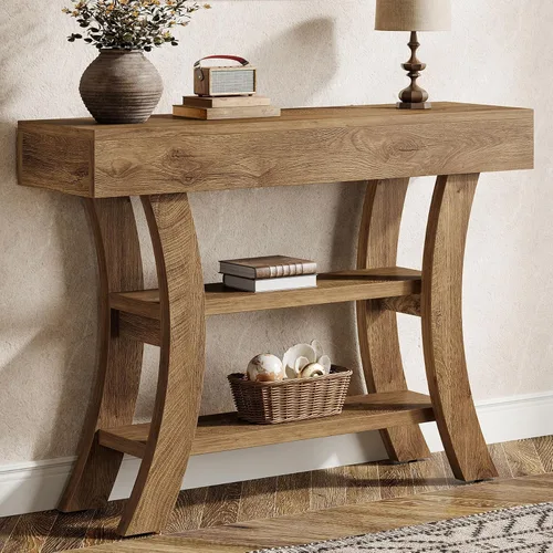 Miniatura 11 de Tribesigns Mesa consola pequeña de 41 pulgadas para entrada, mesa de sofá rústica estrecha de 3 niveles con estantes de almacenamiento y marco