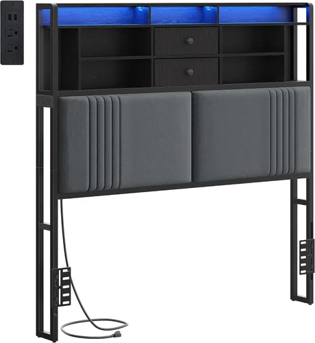 Miniatura 9 de Hzuaneri - Cabecera con 3 estantes de almacenamiento, cabecera tapizada en terciopelo con toma de corriente, 2 puertos USB y luz LED, cabeceras