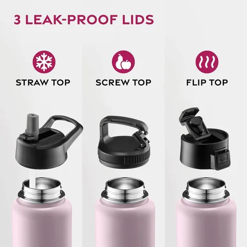 Miniatura 4 de Botellas de agua de doble pared con aislamiento y pajilla, botella de metal de acero inoxidable con 3 tapas a prueba de fugas, para viajes, escuela