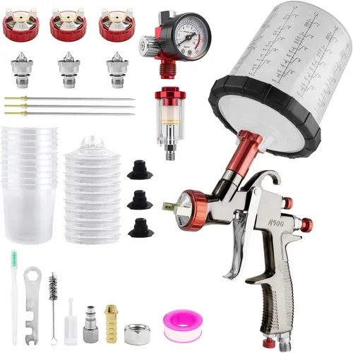 R500 - Pistola de pulverización LVLP con taza mezcladora de 22.0 fl oz y 10 vasos desechables, boquillas de 1.3/1.5/0.067 in, pistola de pintura