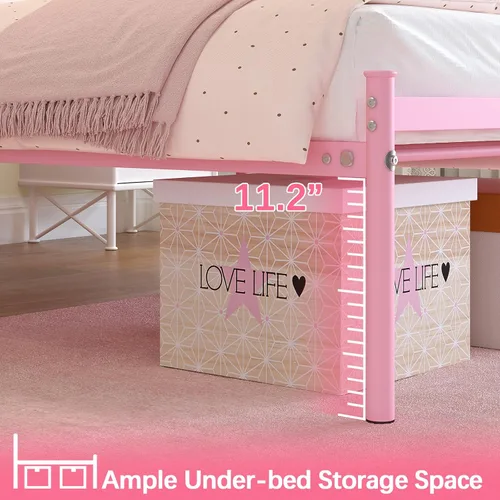 Miniatura 7 de Weehom Base de cama individual con cabecero, plataforma de metal resistente debajo de la cama, espacio de almacenamiento fácil de montar para niños