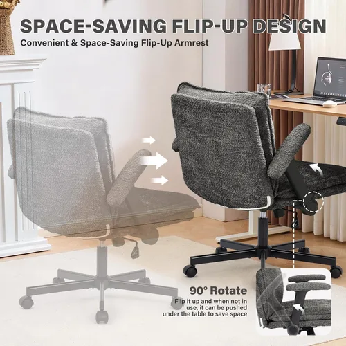 Miniatura 3 de Kassipo Silla de Oficina con Patas Entrecruzadas con Ruedas y Brazos Abatibles, Silla de Escritorio Tapizada con Diseño Entrecruzado, Sillas de Gris