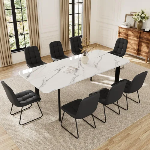 Miniatura 22 de HIPIHOM Mesa de comedor extensible para 6-8 personas, mesa rectangular de 63 a 78.7 pulgadas, MDF blanco con patas de metal resistentes, ahorro