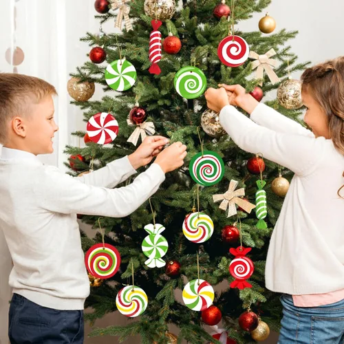 Miniatura 7 de 33 piezas de adornos de bastón de caramelo de menta para árbol de Navidad - Coloridos adornos colgantes de caramelo en palo de madera para árbol